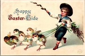 Easter Postcard Sailor Dressed Boy Walking Chicks on Ribbon Leash Pussy Willow - Picture 1 of 2