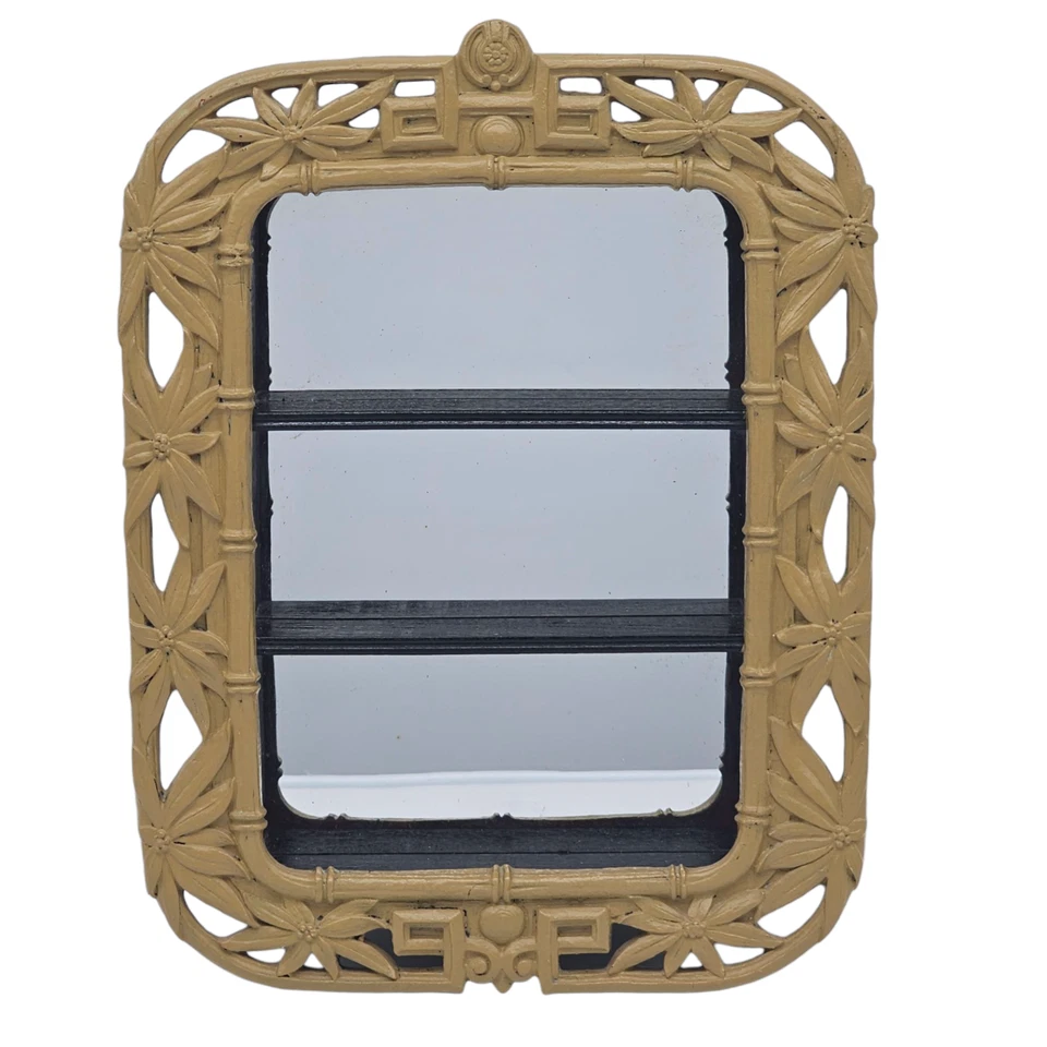 Chinese Bamboo Wood Carved Mirror Curio Cabinet Wall Shelf Asian Décor 19.5” - Image 1 of 4