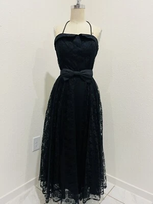 VTG Boutique Europa Black Lace Halter  Bow Belt Lined Dress Y2K Goth Size 10 - Image 1 of 4