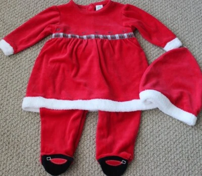 Little Me Romper 6 M Velour Christmas Romper Dress NWT Footed Santa Hat 2 Pc - Image 1 of 4