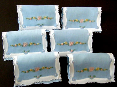 Antique set 6 Madeira Cocktail Napkins, blue linen voile decor color h embroi/ry - Изображение 1 из 4