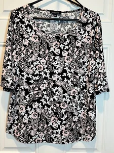Roz & Ali Pink Black White Paisley Floral Bell Sleeve Top -Size M - Picture 1 of 5
