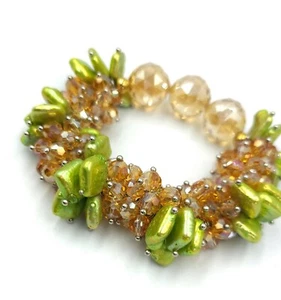 Peach AB Crystal Beaded Stretch Bracelet with Green Square Freshwater Pearls - Picture 1 of 6