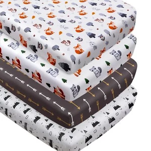 4 Pack Woodland Forest Animals Wood Neutral Unisex Fitted Baby Crib Sheets Se... - Picture 1 of 9