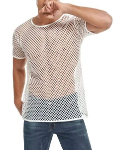 Mens Sexy Mesh Transparent Shirt Short Sleeve Fishnet Muscle Workout Top Whit... - Picture 1 of 6