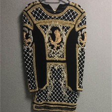 Balmain H&M Dress Black Gold Beaded dress Kylie Jenner Embroidery Size 34 Used