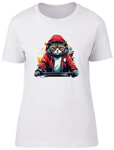 DJ Cat Womens T-Shirt Music Decks Headphones Remix Ladies Gift Tee