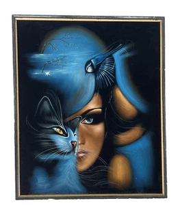 Vintage The Cat The Bird and the Woman Felted Painting 25”  X 20.5” - Picture 1 of 8