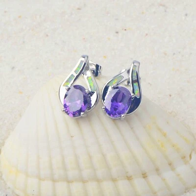 Hawaii White Fire Opal Love Heart Stud Earrings Silver Filled For Women Girls - Image 1 of 4