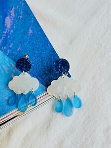 Cute White Clouds Blue Rain Water Drop Glittered Tassel Clip, Earrings Women Her