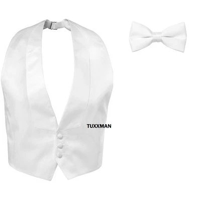 New White Satin adj Tuxedo Vest .Open back Pre tied Bow Tie FIT ALL FREE SHIP - Image 1 of 2