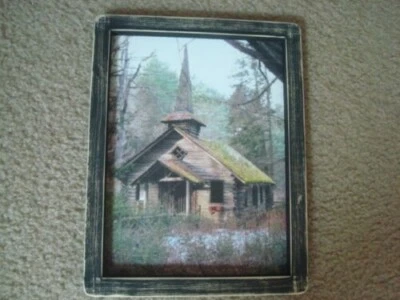 Primitive Country Print **OLD CHURCH** black hand made frame 9 1/2" x 12” - Image 1 of 3