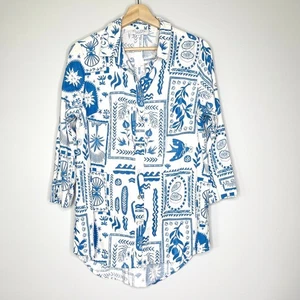 Calypso St. Barth Top Size Large Button Down Blue White Patterned Cotton Linen - Picture 1 of 12