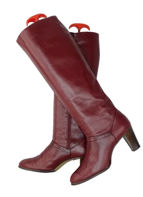 Botas altas de cuero rojas sangre de buey vintage años 70 8,5 tacón estrecho caja original Foto 1 de 4