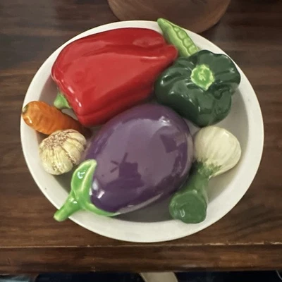 Vintage Porcelain Fruit Bowl With Hand Painted Attached Fruit And Vegetables - Image 1 of 4