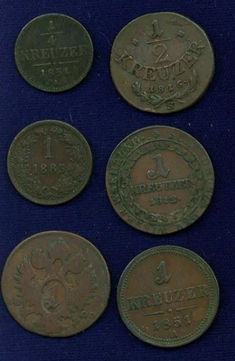 AUSTRIA 1800-1885 MONEDAS ANTIGUAS COBRE 1/4, 1/2 Y 1 KREUZER, LOTE DE (6) Foto 1 de 2