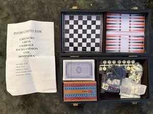 Vintage Travel Game Set In Case Checkers Chess Cribbage Backgammon Cards - Picture 1 of 4