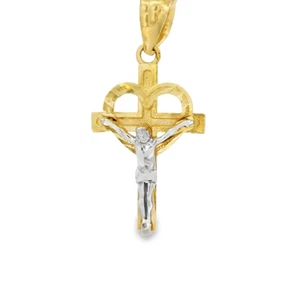 14K Massiv Gold Bicolor Herz Kruzifix Kreuz Charm Anhänger 22x13mm 1,1g - Bild 1 von 4