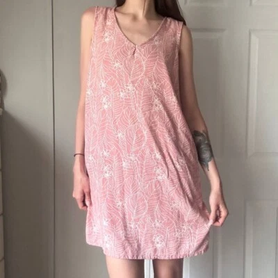 Orvis Womens Medium Linen Blend Sleeveless V-Neck Tank Dress Pink Floral Pockets - Image 1 of 4