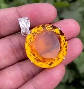 93.15 Ct Natural Yellow Citrine Round Cut 925 Solid Silver Pendant Gemstone - Bild 1 von 6