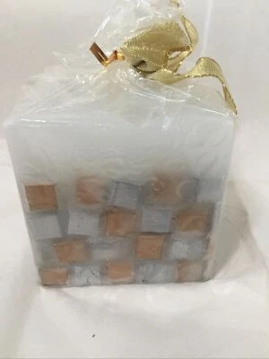 Decorative Square 3 1/4 Inch Candle White With Rust And Silver Pieces - Image 1 of 4