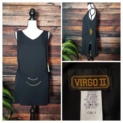 Vestido túnica Virgo II Top talla 8 negro abertura lateral plata filamento cinturón forrado EE. UU. NUEVO CON ETIQUETAS Foto 1 de 4