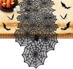 Runner da Tavolo Decorazione Halloween con Confezione da 12 Pipistrelli 3D, Ragnatela Pizzo Nero Ta - Foto 1 di 12