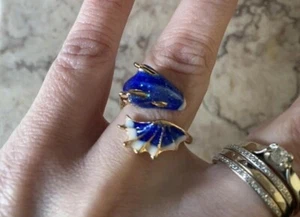 Bijoux Fantaisie, bague dragon bleu pailleté et doré, ajustable / Réglable Neuf - Foto 1 di 4