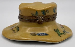 Vintage Limoges Trinket Box - FISHING HAT (fishing lures) - signed - Picture 1 of 15