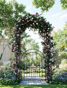 Black Metal Garden Arch with Gate 7 FT -Perfect for Patio, Yard or Outdoor Decor - Picture 1 of 6