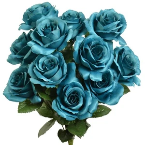 12 Teal Open Roses Bouquet Silk Flowers Wedding DIY Teal Fake Roses Home Decor - Picture 1 of 10