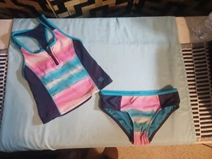 ZeroXposure girl's 2-piece swimsuit Size 7 Navy Blue Sky Blue And Pink - Picture 1 of 20