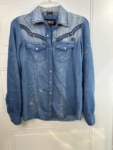 ROAR S Western Rodeo Shirt Blue Pearl Snap Distressed Embroidered - Picture 1 of 10