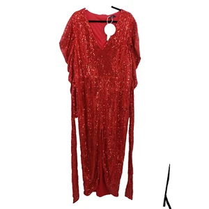 Boohoo Red Sequin Puff Sleeve Tie Waist Maxi Dress Womens Plus Size 18 Bodycon - Picture 1 of 14