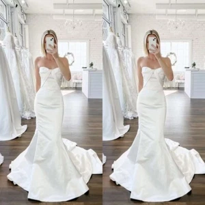 Mermaid Satin Wedding Dresses Strapless White Ivory Sweep Train Bridal Gowns - Picture 1 of 8
