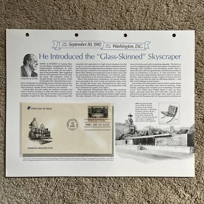 1982 LUDWIG MIES VAN DERROHE ARCHITECT First Day of Issue Cover Envelope Stamp - Image 1 of 4