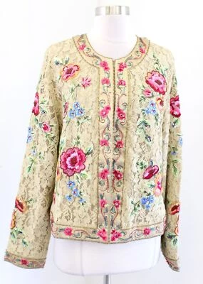 Vtg 2000s Gold - Tan Ornate Floral Embroidered Lace Sequin Jacket Size 16 L / XL - Image 1 of 4