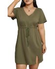 Army Green Plus Drawstring Waist Split Hem Tunic Top Micro Mini Ezwear Casual 2X