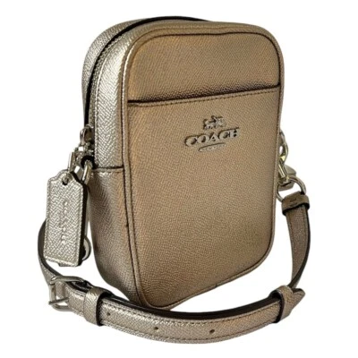 RARE Coach Phoebe Metallic Crossbody Mini Bag Crossgrain Gold Leather # F87692 - Image 1 of 4