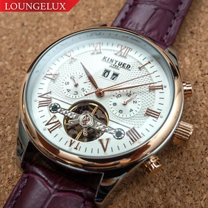 Reloj mecánico automático para hombre fecha día oro rosa esfera blanca cuero púrpura  - Imagen 1 de 12