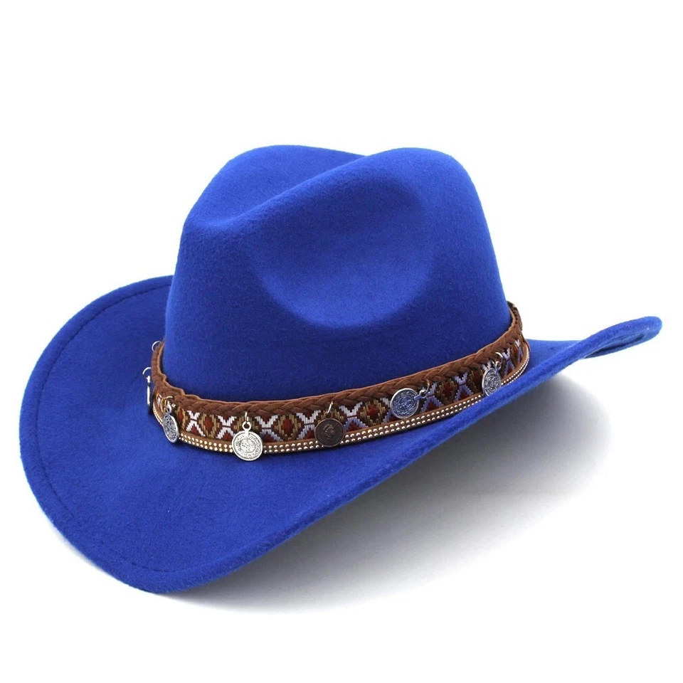 Western Cowgirl Cowboy Hat Men Women – Tribal Band Felt Wide Brim Rodeo Style - Image 1 of 2