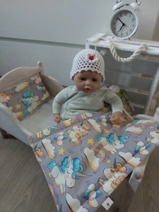 EINHORN ❤Puppenbettwäsche❤PuppenwagenGarnitur❤grau bunt  ❤Baby Born Handmade Neu - Bild 1 von 6
