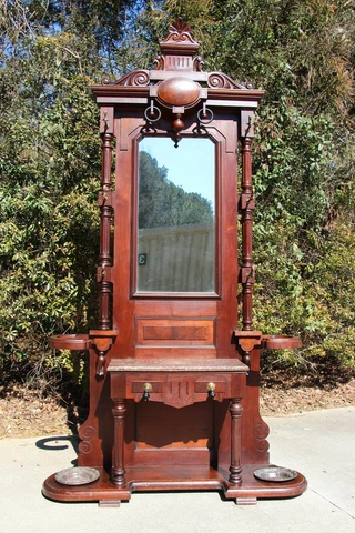 Monumental Large Walnut Victorian Brown Marble Top Hall Tree Attr. Thomas Brooks Cover
