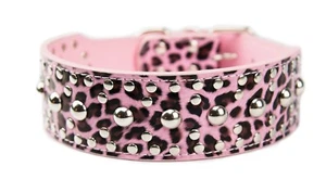 Studded Spike Metal Dog Collar Faux Leather Pitbull Mastiff Spike L PINK LEOPARD - Picture 1 of 3