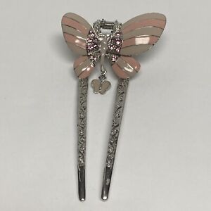 4”  Pink Enameled Butterfly With  Rhinestones HAIRSTICK HAIRFORK hairpin