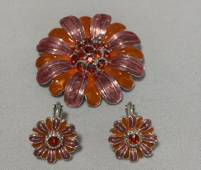 Juego de pendientes con clip de flor de estrás rosa naranja vintage primavera colorida Foto 1 de 4