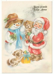 Carte Père Noël bonhomme de neige chien écureuils 1985 Noël vintage - Photo 1 sur 2