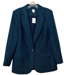 J. Crew Factory Wool Blend Plaid Blazer Blue Green 12 Academia Preppy NWT - Picture 1 of 6