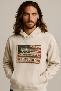 Ralph Lauren Denim & Supply Men’s Flag Patch Hoodie Sweatshirt Beige M - Picture 1 of 9