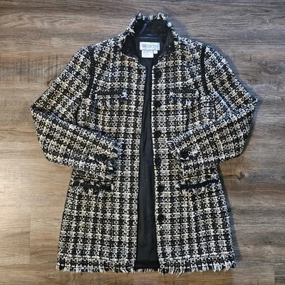 Vintage WORTH Elegant Black And White Women’s Preppy Fringed Tweed Jacket Size 0 Foto 1 de 4